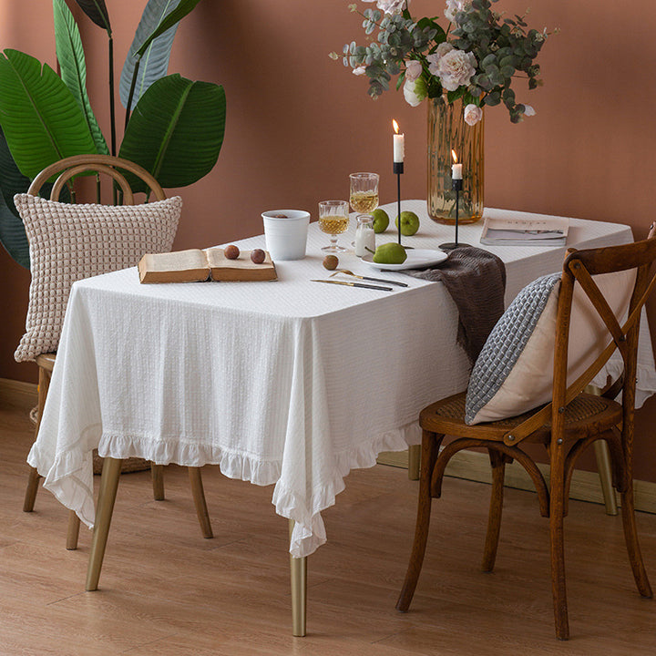 Light cotton gauze tablecloth with frill and natural structure