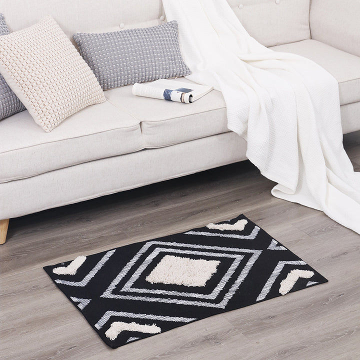 Short-pile bathroom and living rug with geometric diamond pattern and anti-slip backing