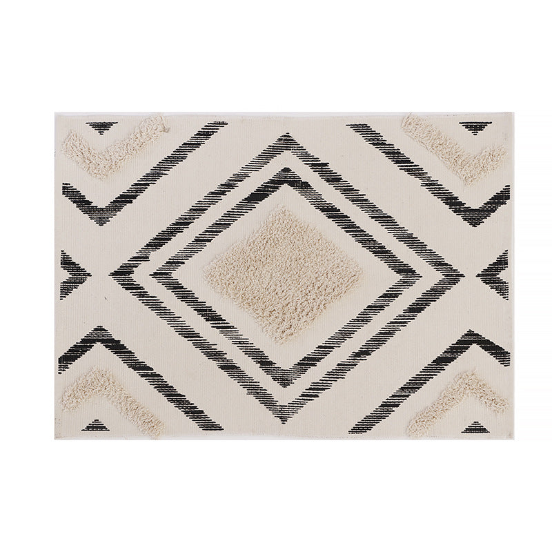 Short-pile bathroom and living rug with geometric diamond pattern and anti-slip backing