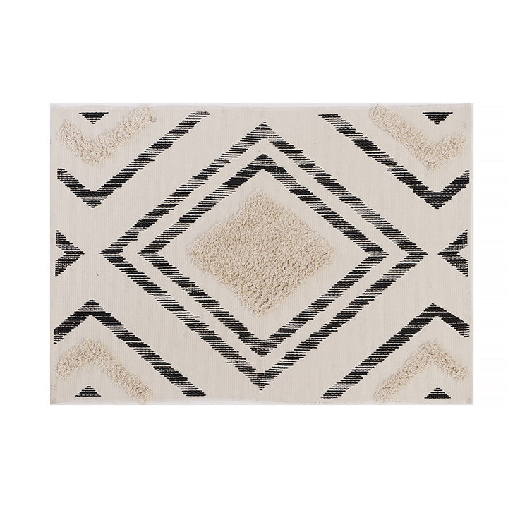 Short-pile bathroom and living rug with geometric diamond pattern and anti-slip backing