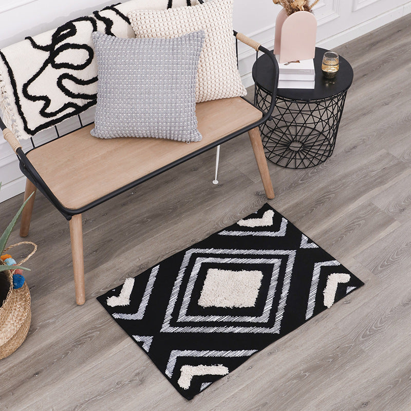 Short-pile bathroom and living rug with geometric diamond pattern and anti-slip backing
