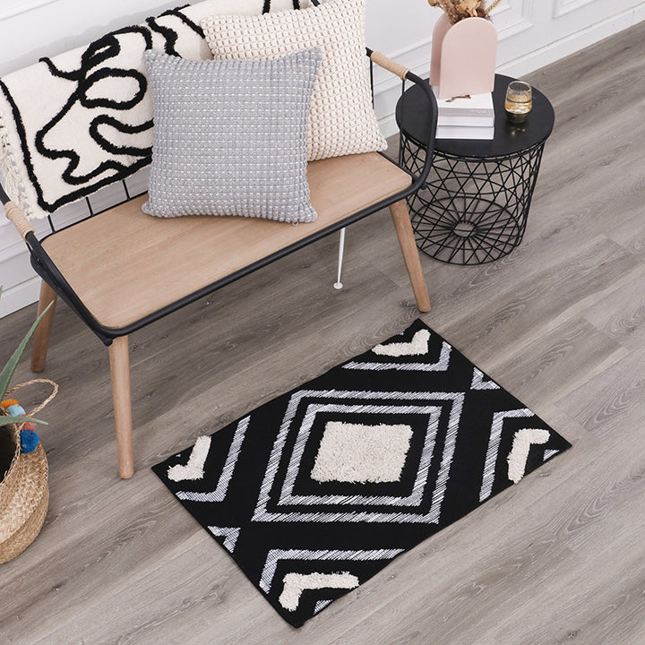 Short-pile bathroom and living rug with geometric diamond pattern and anti-slip backing