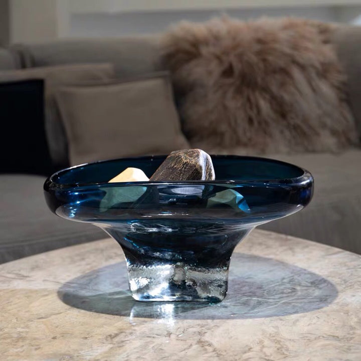 Thick Art Glass Pedestal Centerpiece Bowl with Rounded Lip