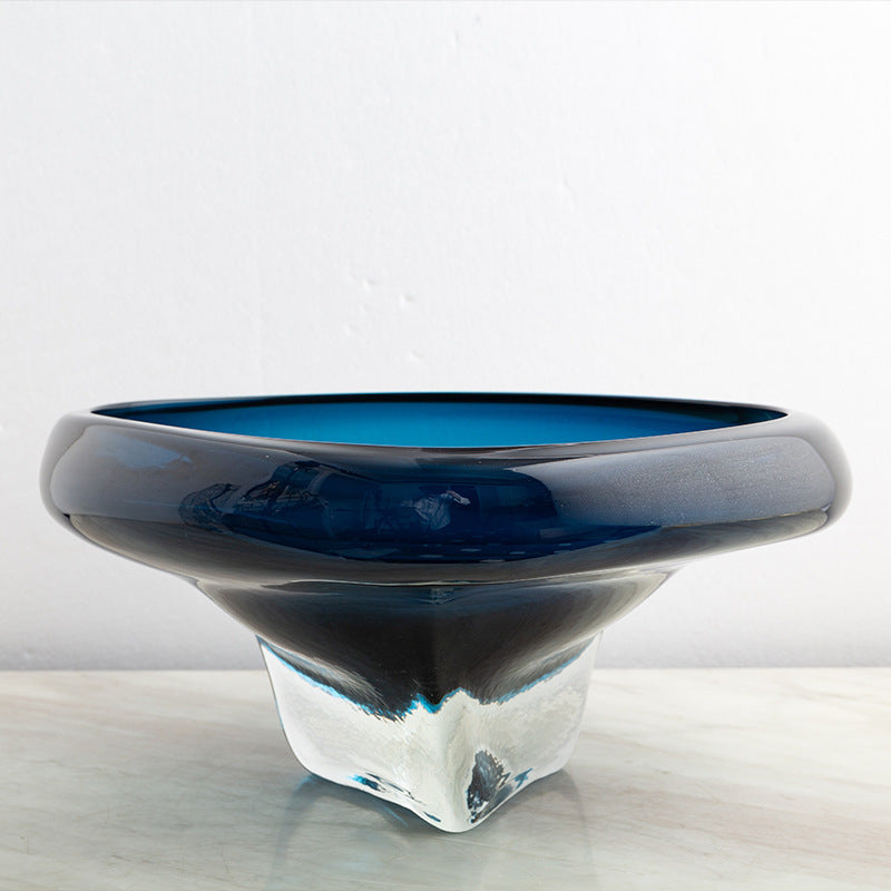 Thick Art Glass Pedestal Centerpiece Bowl with Rounded Lip