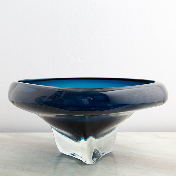 Thick Art Glass Pedestal Centerpiece Bowl with Rounded Lip