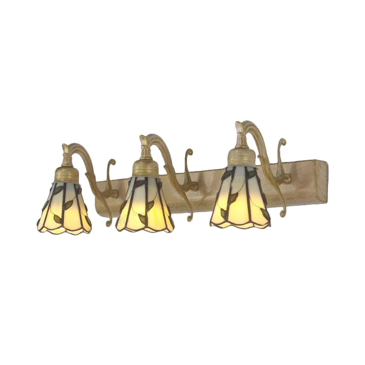 3 Heads Leaf Vanity Light Rustic Loft Stained Glass Makeup Mirror Light with Linear Backplate in Copper/Antique Brass/Gold