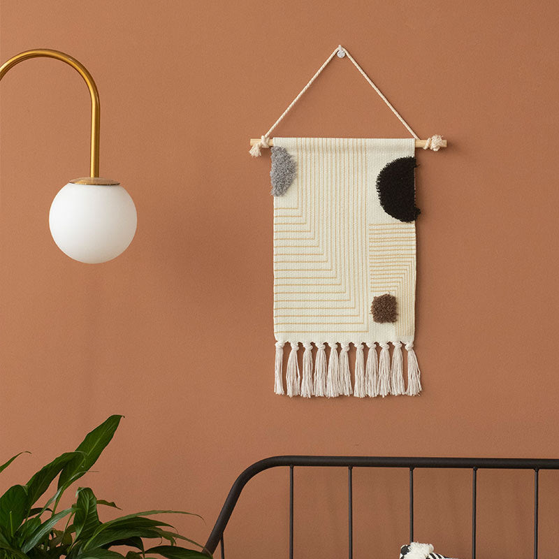 Woven Boho Wall Hanging with Ethno Diamond Pattern, Cotton Fringes and Wood Stick