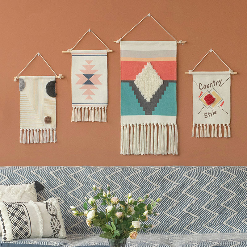 Woven Boho Wall Hanging with Ethno Diamond Pattern, Cotton Fringes and Wood Stick