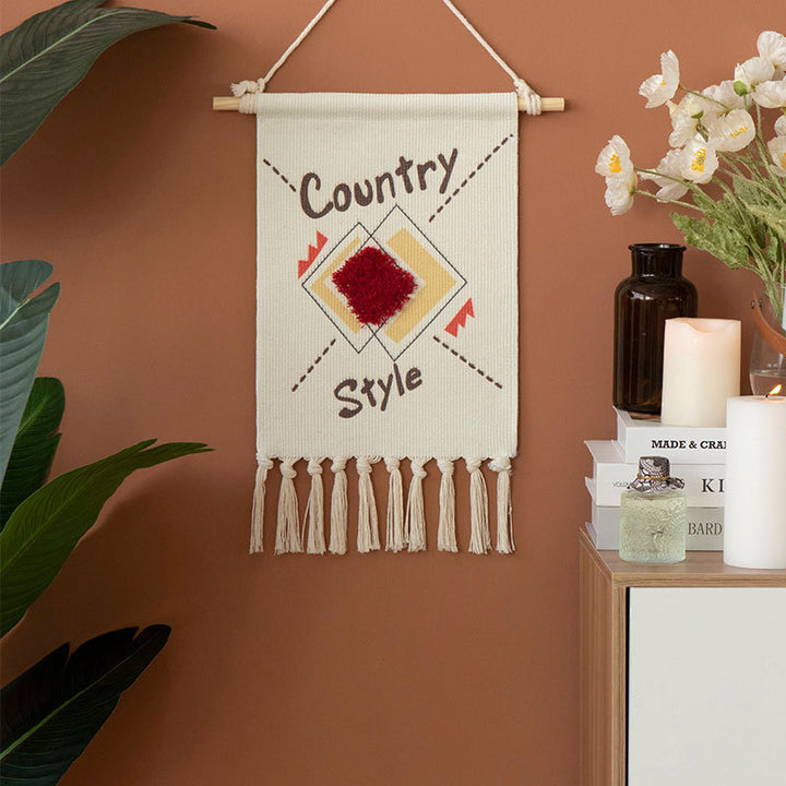 Woven Boho Wall Hanging with Ethno Diamond Pattern, Cotton Fringes and Wood Stick
