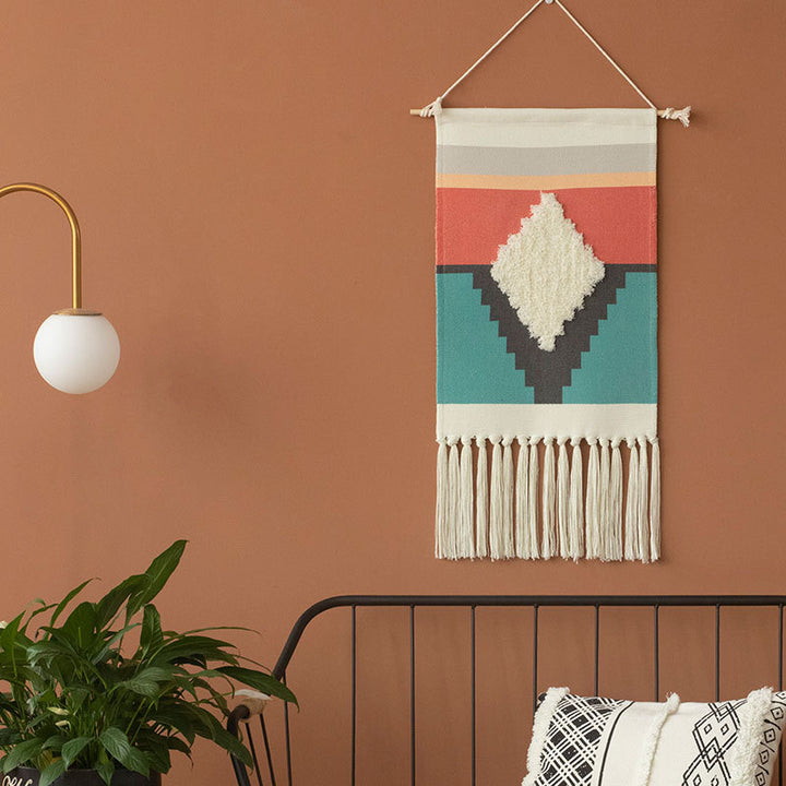 Woven Boho Wall Hanging with Ethno Diamond Pattern, Cotton Fringes and Wood Stick