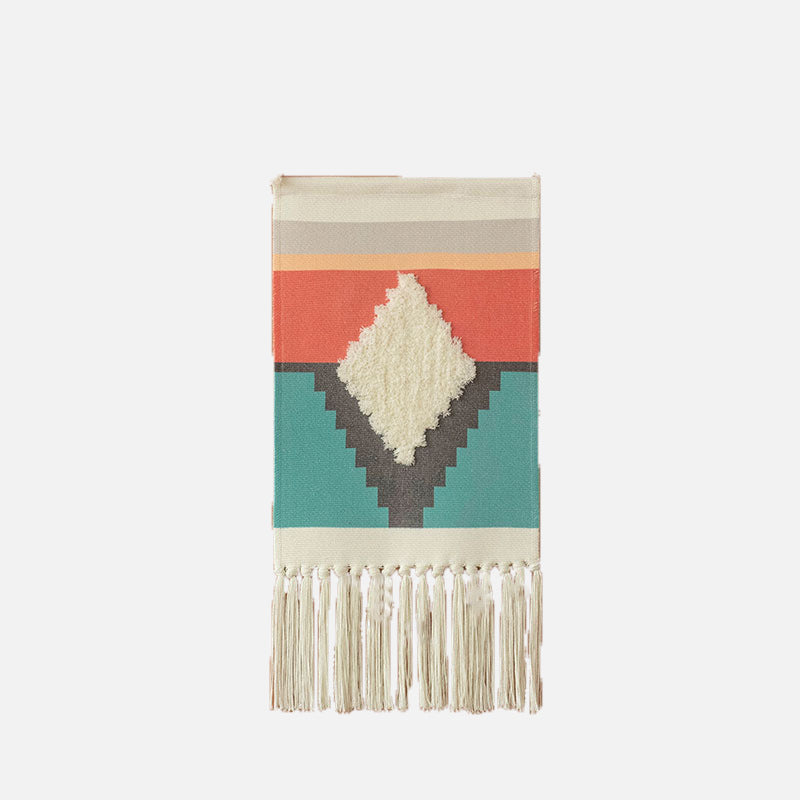 Woven Boho Wall Hanging with Ethno Diamond Pattern, Cotton Fringes and Wood Stick