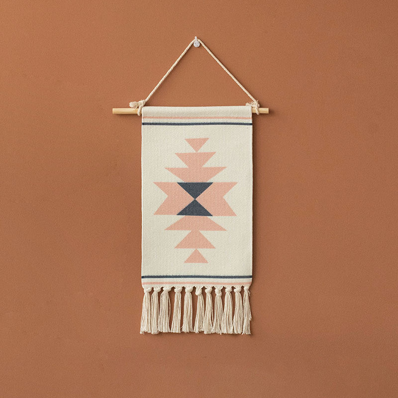 Woven Boho Wall Hanging with Ethno Diamond Pattern, Cotton Fringes and Wood Stick
