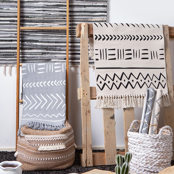 Flat-woven rug runner in Boho Mudcloth design with cotton fringes
