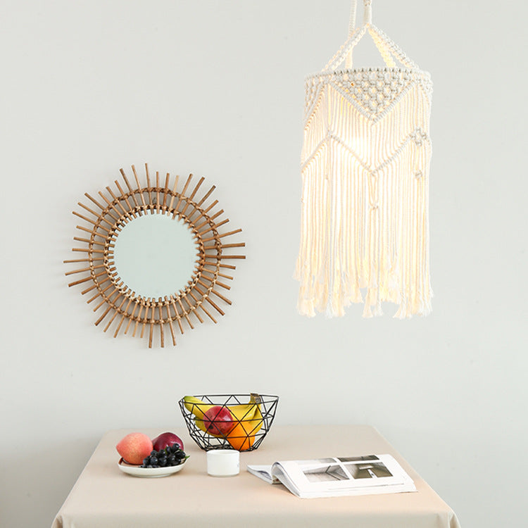 Macramé pendant light with hand-knotted cotton shade and decorative fringes