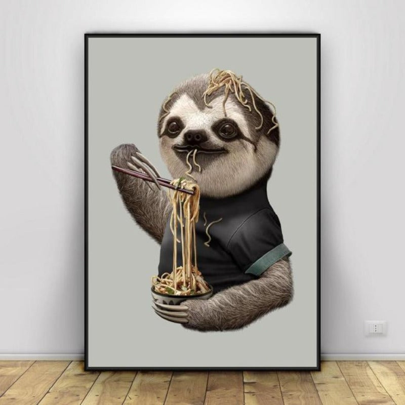 Sloth Eating Noodles - Canvas Wall Art Painting