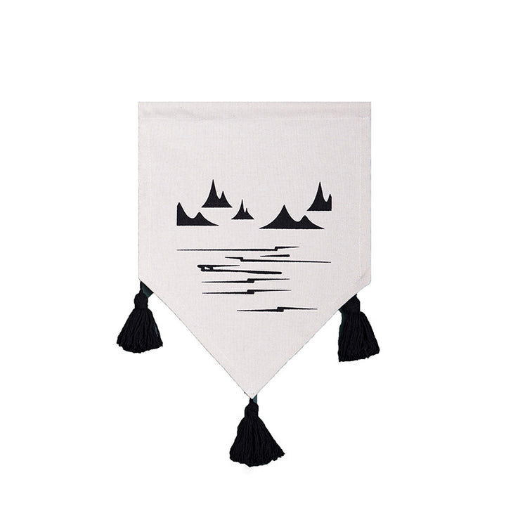 Decorative cotton wall hanging in pennant style with tassels and minimalist prints