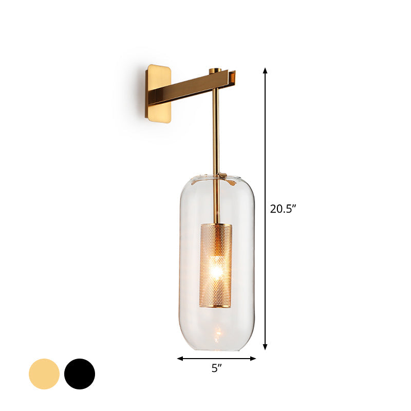 Postmodern Capsule Wall Hanging Light Clear Glass 1 Bulb Bedside Wall Mounted Lamp with Interior Mesh Guard in Black/Gold