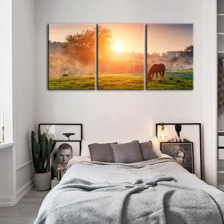 Sunrise Grazing Horse-Canvas Wall Art Painting 3 Pieces