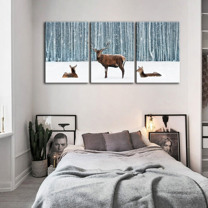 Two Does And A Deer In Winter-Canvas Wall Art Painting 3 Pieces