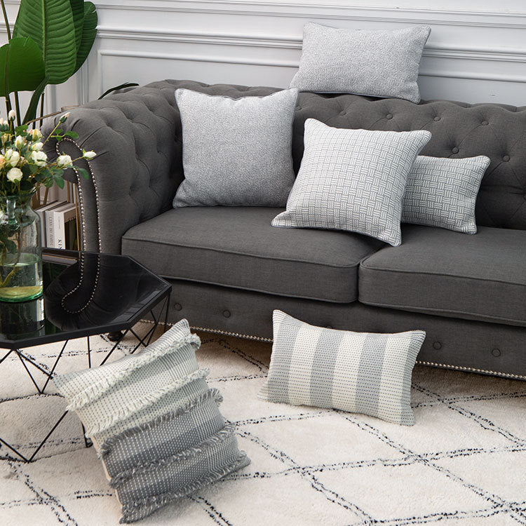 Square cushion cover with striped tufted look and fringe borders