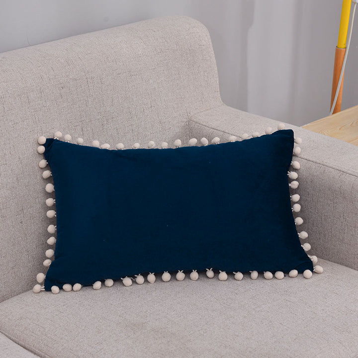 Rectangular Pom-Pom Trim Lumbar Pillow Cover Cotton-Linen Blend with Hidden Zipper