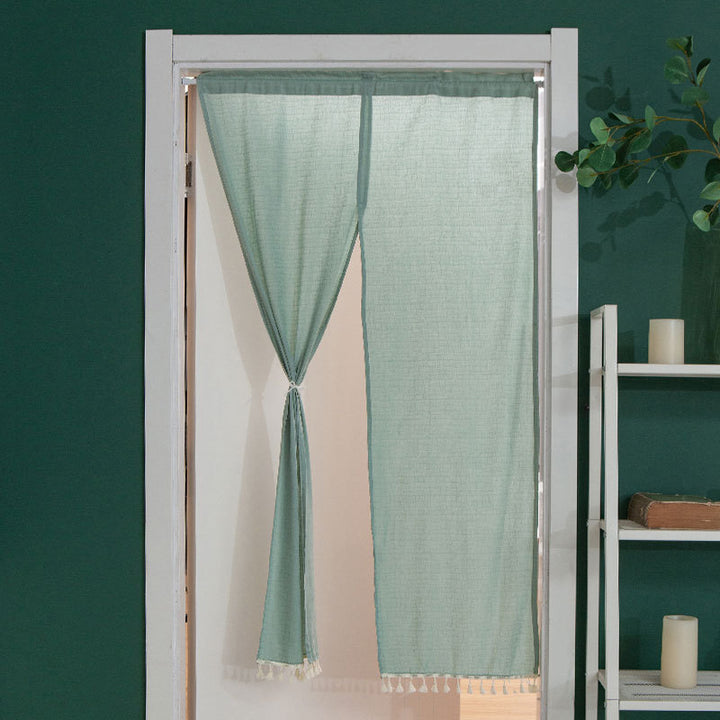 Short curtain with tassel border and rod passage