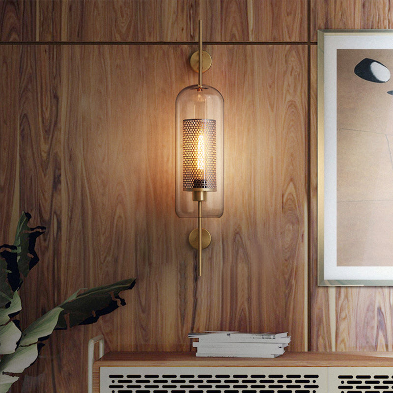 Pill Capsule Wall Lighting Fixture Modernism Clear Glass 1-Bulb Bathroom Wall Lamp Sconce with Inside Mesh Screen