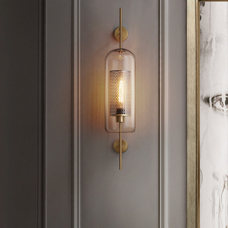 Pill Capsule Wall Lighting Fixture Modernism Clear Glass 1-Bulb Bathroom Wall Lamp Sconce with Inside Mesh Screen