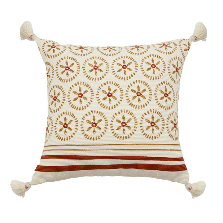 Decorative cushion cover with woven medallion pattern and tassels