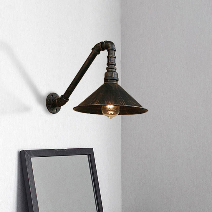 Antique Brass Cone Wall Sconce Farmhouse Style Metallic 1 Head Dining Room Wall Lighting Fixture with Pipe