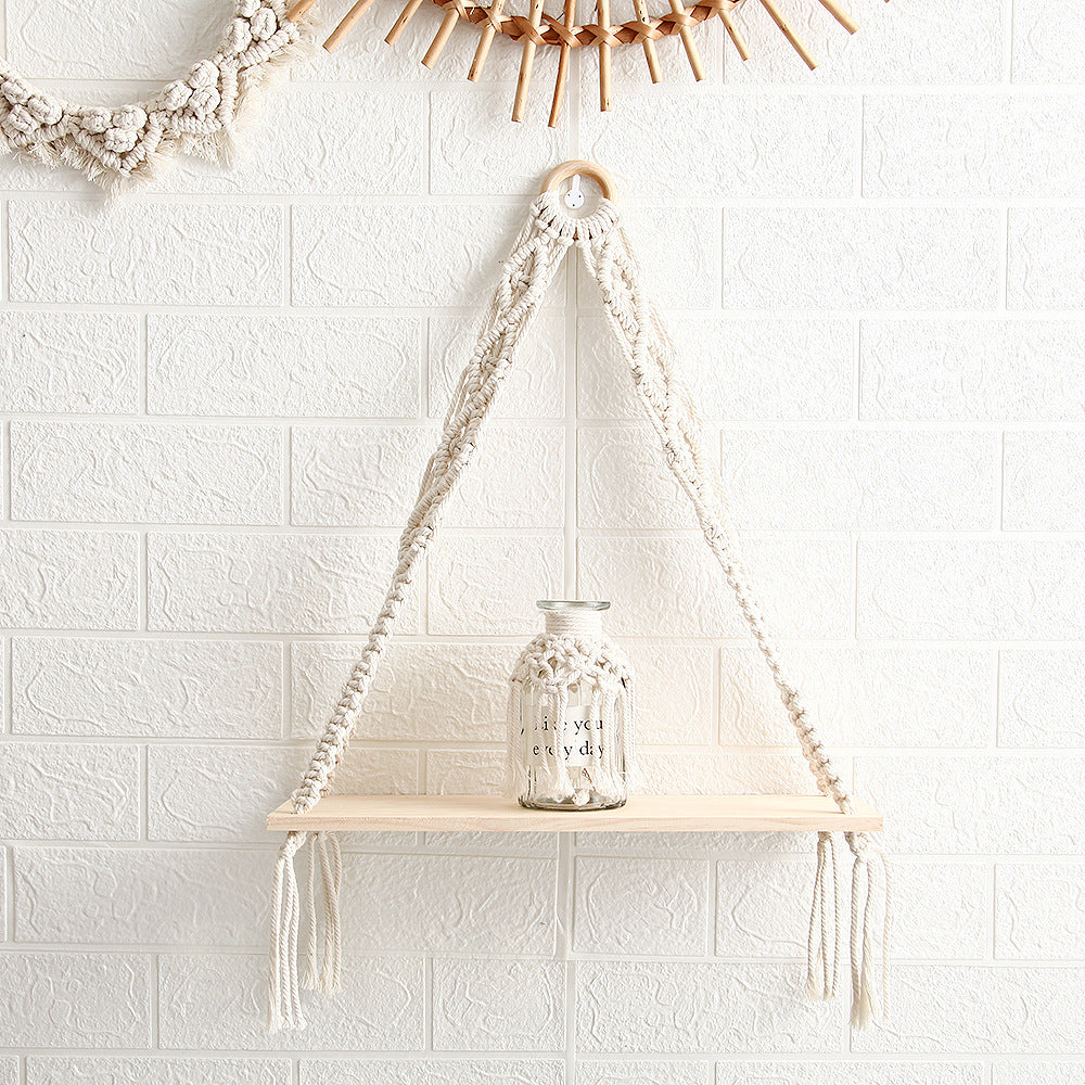 Macramé Hanging Shelf with Natural Wooden Plank