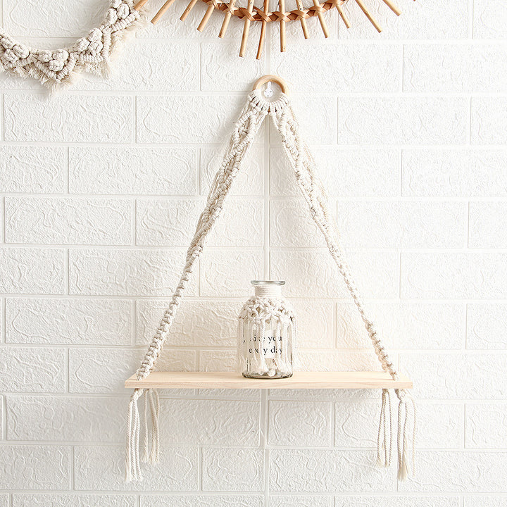 Macramé Hanging Shelf with Natural Wooden Plank