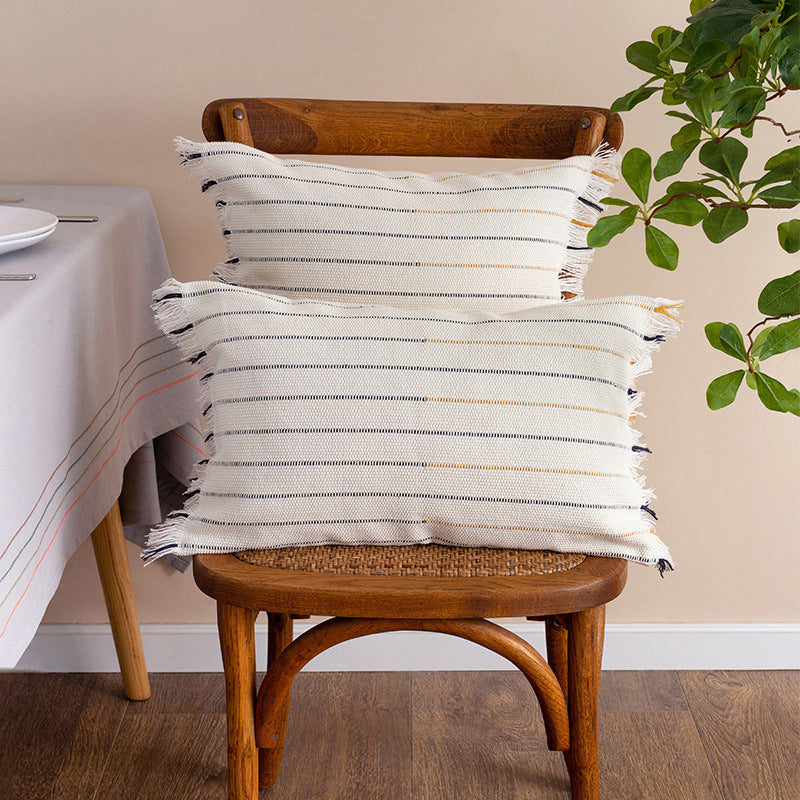 Square woven cushion cover with fine stripes and fringe border