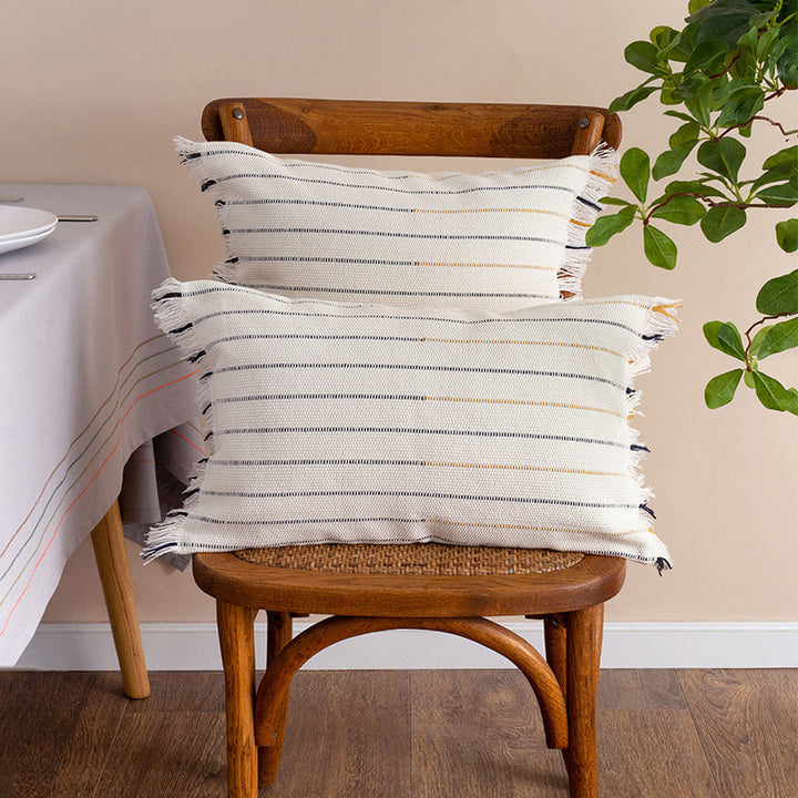 Square woven cushion cover with fine stripes and fringe border