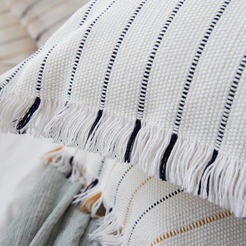 Square woven cushion cover with fine stripes and fringe border