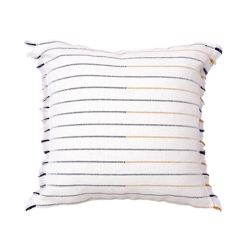 Square woven cushion cover with fine stripes and fringe border