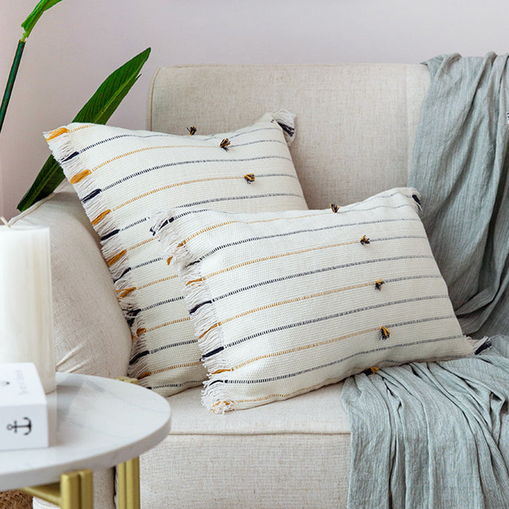 Square woven cushion cover with fine stripes and fringe border