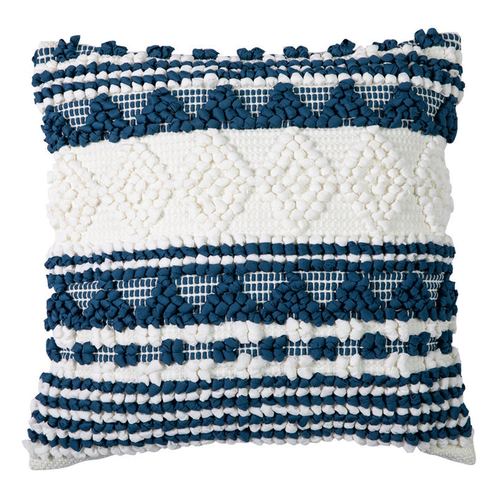Square woven decorative cushion cover with crocheted appliqués and textured relief