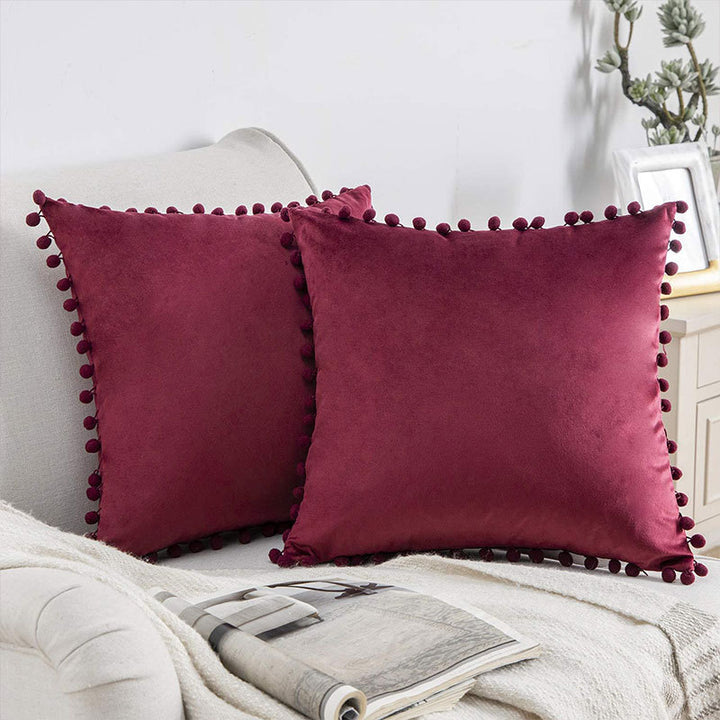 Square Velvet Pom-Pom Trim Throw Pillow Cover