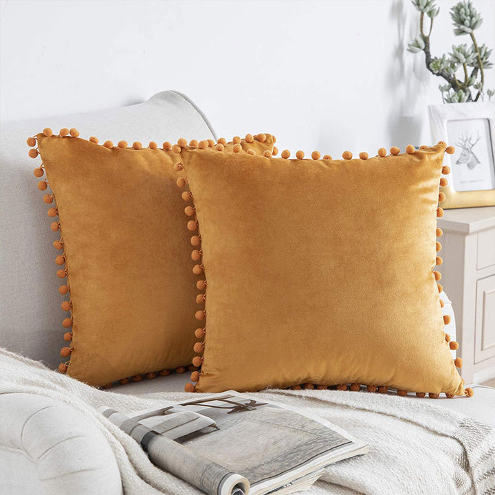 Square Velvet Pom-Pom Trim Throw Pillow Cover