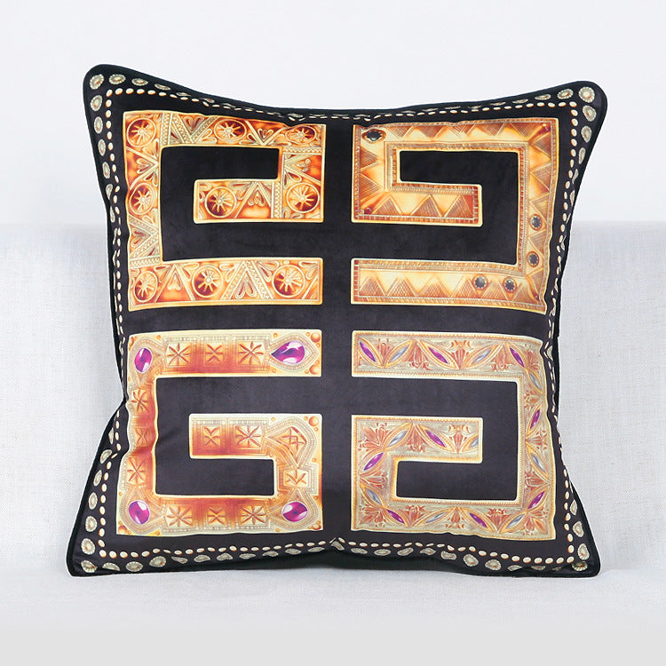 Vintage Equestrian Square Throw Pillow Cover with Piped Velvet Trim and Hidden Zipper
