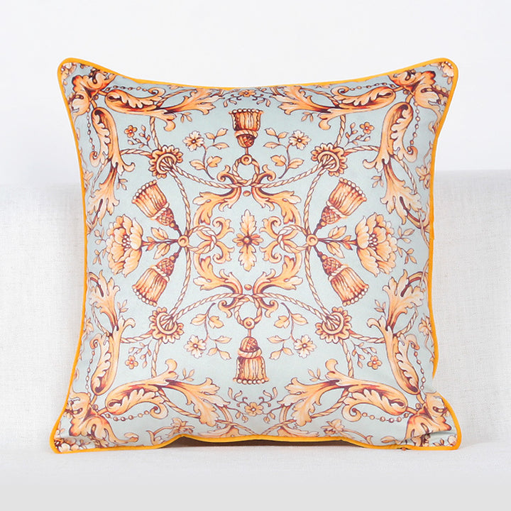 Vintage Equestrian Square Throw Pillow Cover with Piped Velvet Trim and Hidden Zipper
