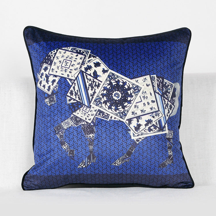 Vintage Equestrian Square Throw Pillow Cover with Piped Velvet Trim and Hidden Zipper