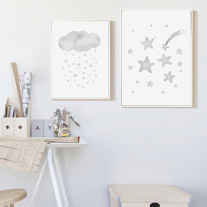 Grey Moon Stars Cloud Nursery - Canvas Wall Art Painting