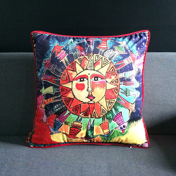 Vintage Equestrian Square Throw Pillow Cover with Piped Velvet Trim and Hidden Zipper