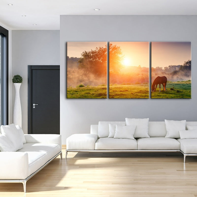 Sunrise Grazing Horse-Canvas Wall Art Painting 3 Pieces
