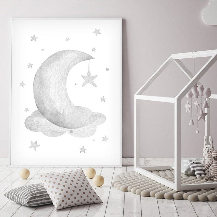 Grey Moon Stars Cloud Nursery - Canvas Wall Art Painting