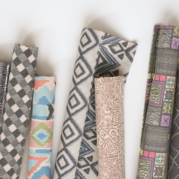 Patchwork runner made of flat-woven cotton blend with graphic stripe and checkered fields