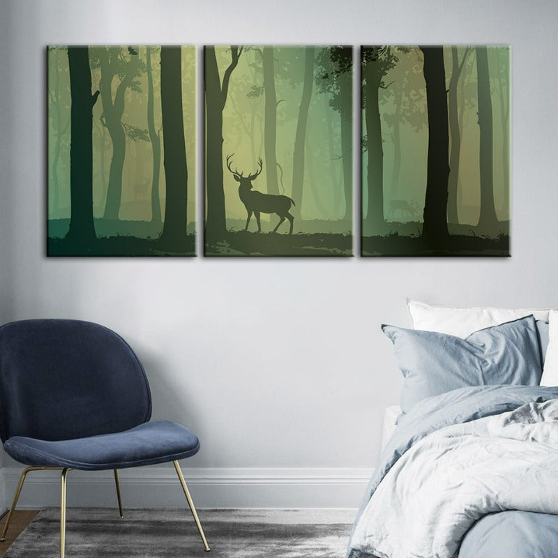 Enchanted Green Toned Silhouetted Deer-Canvas Wall Art Painting 3 Pieces