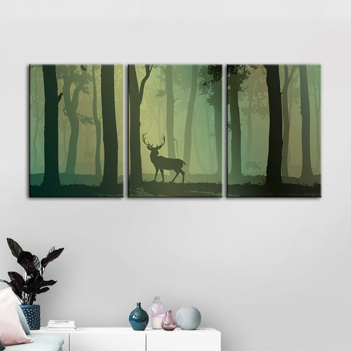 Enchanted Green Toned Silhouetted Deer-Canvas Wall Art Painting 3 Pieces
